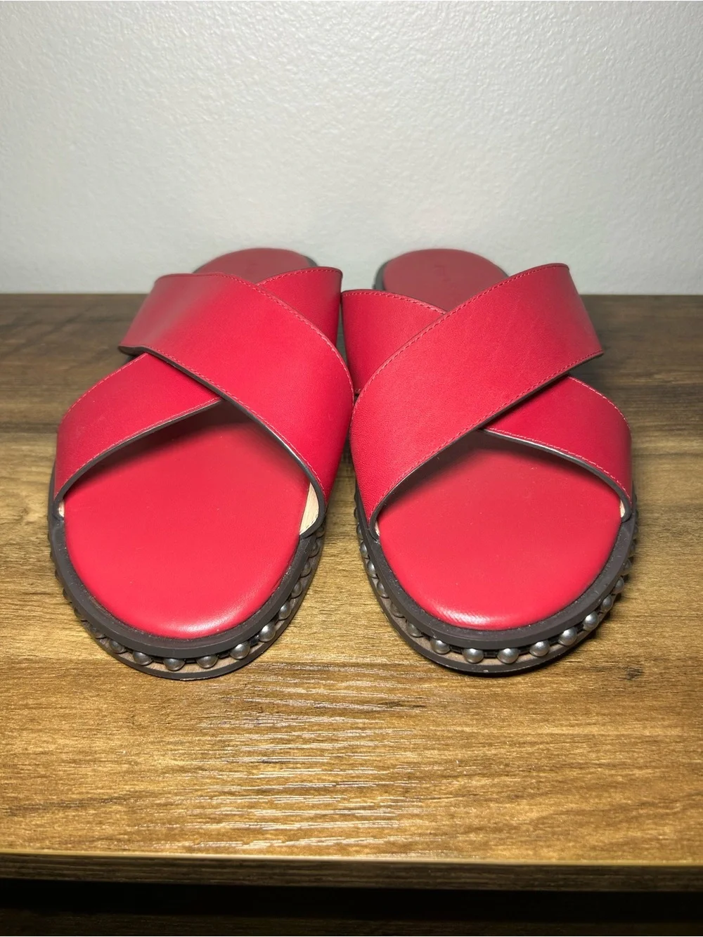 Coach Burgundy Cross-Strap Pearl-Trim Slide Sandals